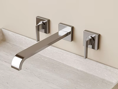 Wall Mounted Chrome Faucet Featuring Two Handle Knobs And Light Colored Countertop 3d model