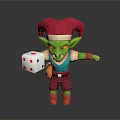 3D Green Goblin Character With Red Jester Hat Holding White Dice And Colorful Outfit