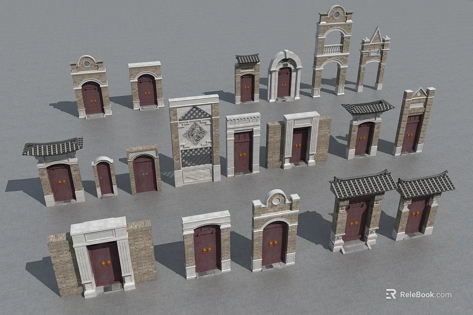Various Styles Architectural Gate Models With Stone Brick Wood And Design Details 3d model 
