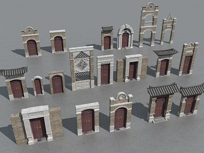 Various Styles Architectural Gate Models With Stone Brick Wood And Design Details 3d model