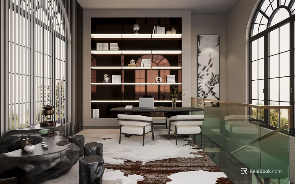 Modern Office Interior With Open Bookshelf Desk Floor to Ceiling Windows And Area Rug 3d model 