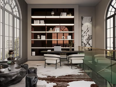Modern Office Interior With Open Bookshelf Desk Floor to Ceiling Windows And Area Rug 3d model