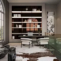 Modern Office Interior With Open Bookshelf Desk Floor to Ceiling Windows And Area Rug