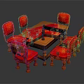 Dining Table Set with Red Chairs Wooden Frame and Ornamental Tablecloth