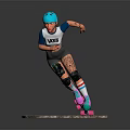 Game Movie Character Standing In Blue Helmet VARTIS Vest Knee Pads With Colorful Roller Skates