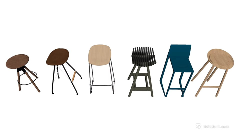 Various Modern Bar Stools With Different Designs Wooden Seats And Metal Frames 3d model