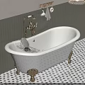 Elegant White Freestanding Bathtub With Gold Faucet Green Tile Wall And Dot Floor Towels