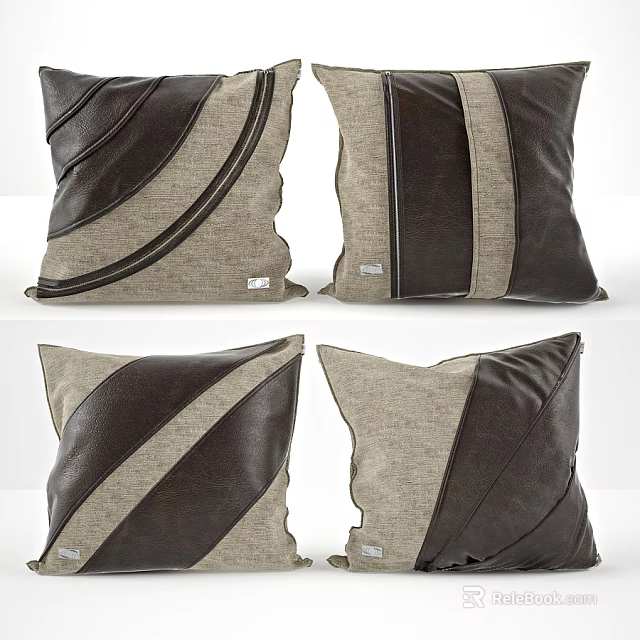 Brown And Beige Decorative Throw Pillows With Leather Fabric Geometric Patterns 3d model