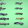 Various Designed Weapons with Different Styles Arranged Neatly on Green Background