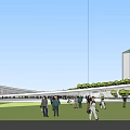 Modern Urban Architecture With Curved Roof Building Waterfront Greenery And Skyscrapers
