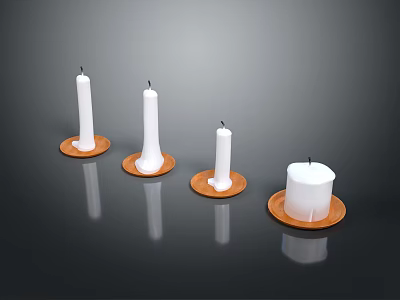 White Candles on Brown Circular Trays with Dark Background and Reflections 3d model
