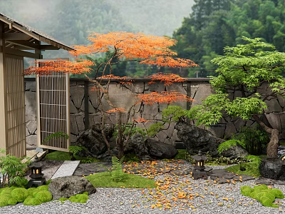 Traditional Japanese Courtyard Garden With Red Maple Tree Stone Wall Moss And Lanterns 3d model