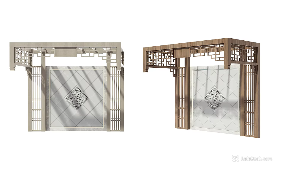 Chinese Style Wooden Pergola With Intricate Carvings Lattice Design And White Backdrop 3d model 