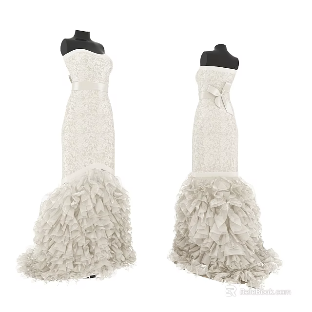 Elegant Strapless White Dress With Sequined Top And Ruffled Layered Skirt Bow Detail 3d model 