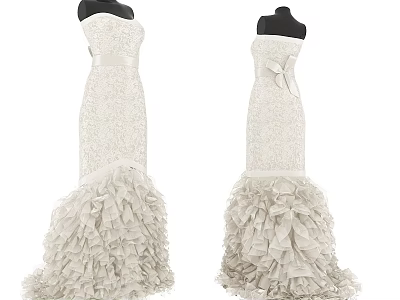 Elegant Strapless White Dress With Sequined Top And Ruffled Layered Skirt Bow Detail 3d model