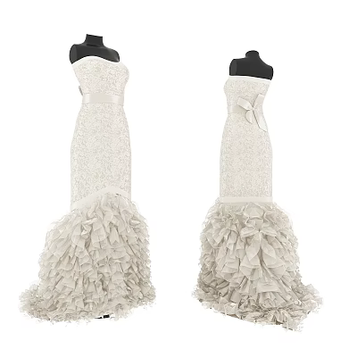 Elegant Strapless White Dress With Sequined Top And Ruffled Layered Skirt Bow Detail 3d model