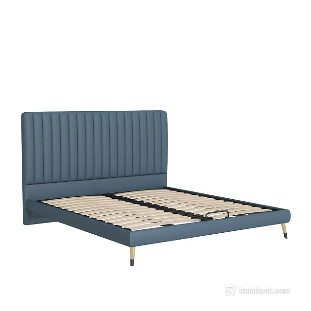 Modern Double Bed With Blue Tufted Headboard And Gold Legs Wooden Slats 3d model 