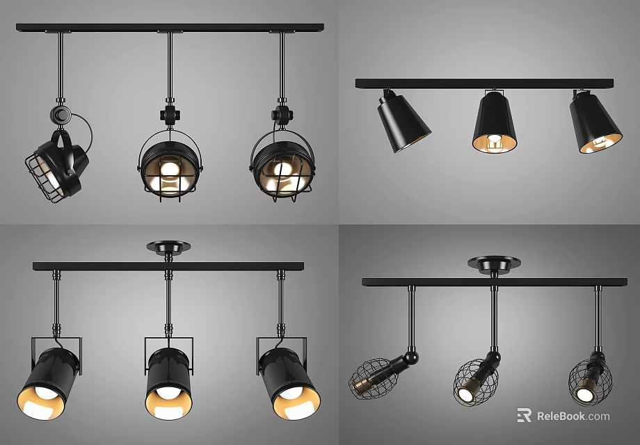 Industrial Style Track Mounted Black Downlights And Spotlights With Multiple Heads 3d model 