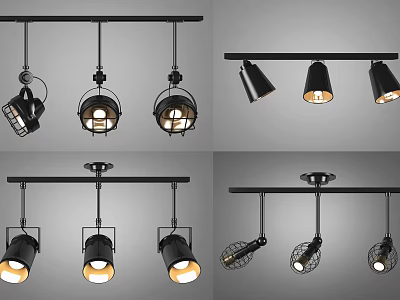 Industrial Style Track Mounted Black Downlights And Spotlights With Multiple Heads 3d model