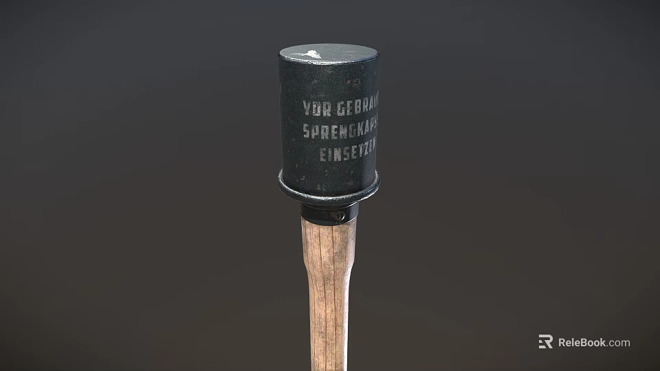 Military Explosive Weapon With Black Cylindrical Top Wooden Handle And German Pre Use Instructions 3d model 
