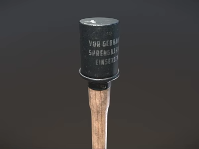 Military Explosive Weapon With Black Cylindrical Top Wooden Handle And German Pre Use Instructions 3d model