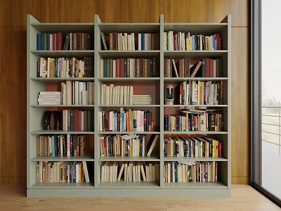 Modern Wooden Bookshelf Interior Design With Multiple Shelves Filled With Colorful Books And Decor 3d model