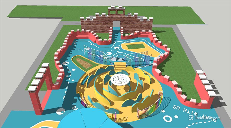 Kid Friendly Playground Equipment With Castle Structure Yellow Spiral Design And Green Lawn 3d model 
