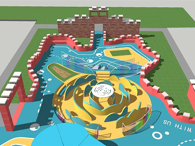Kid Friendly Playground Equipment With Castle Structure Yellow Spiral Design And Green Lawn 3d model