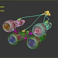 Four Red And Silver Turbine Engines Connected With Pink Markers On Gray Background With Reflections