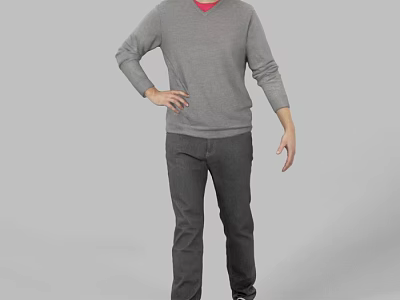 Man wearing gray sweater with red V neck and dark pants standing casually 3d model