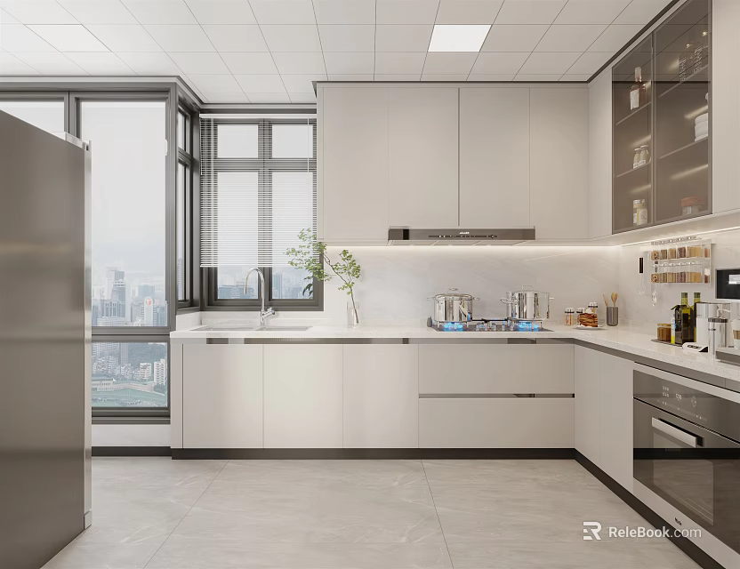 Modern Kitchen Interior With White Cabinets Stainless Steel Refrigerator And City View Windows 3d model 