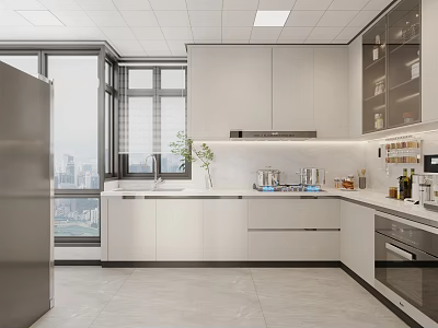 Modern Kitchen Interior With White Cabinets Stainless Steel Refrigerator And City View Windows 3d model