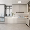 Modern Kitchen Interior With White Cabinets Stainless Steel Refrigerator And City View Windows