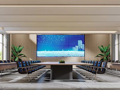 Modern Conference Room With Large Screen Display Long Table And Green Plants 3d model