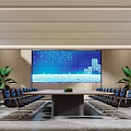 Modern Conference Room With Large Screen Display Long Table And Green Plants
