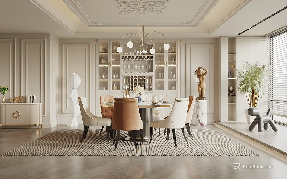 Elegant Modern Restaurant Interior With Dining Table Chairs Chandelier Wine Rack Sculpture And Potted Plant 3d model 