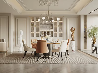 Elegant Modern Restaurant Interior With Dining Table Chairs Chandelier Wine Rack Sculpture And Potted Plant 3d model