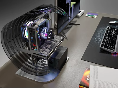 Modern Gaming PC Setup With Open Frame Case RGB Lighting Monitor And Keyboard 3d model