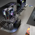 Modern Gaming PC Setup With Open Frame Case RGB Lighting Monitor And Keyboard