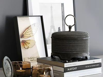Decorative Ornament Set with Black Dotted Box Metal Ring Candles Framed Art on Stacked Books 3d model