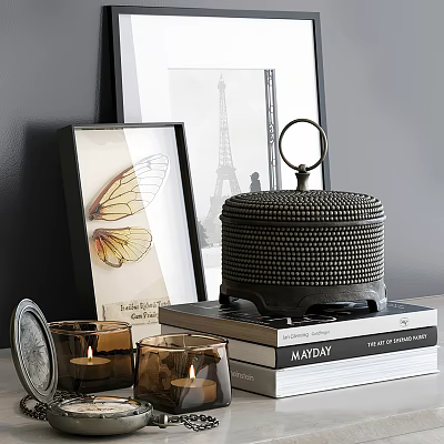 Decorative Ornament Set with Black Dotted Box Metal Ring Candles Framed Art on Stacked Books 3d model