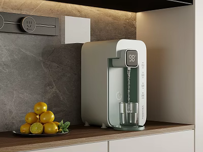 Modern Style Water Dispenser On Wooden Countertop With Fresh Lemons And Gray Wall 3d model