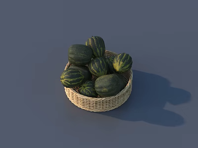 Fresh Green Striped Pumpkins in Wicker Basket on Gray Background 3d model