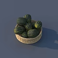 Fresh Green Striped Pumpkins in Wicker Basket on Gray Background 3d model