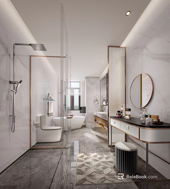 Elegant Modern Bathroom Interior With Glass Shower Marble Walls Round Mirror Double Vanity And Bathtub 3d model 
