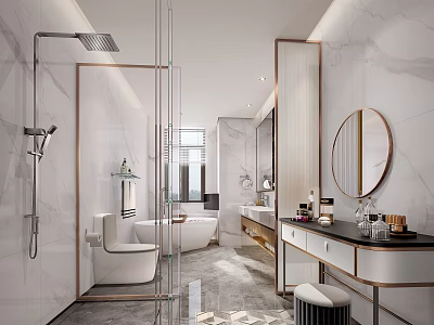 Elegant Modern Bathroom Interior With Glass Shower Marble Walls Round Mirror Double Vanity And Bathtub 3d model