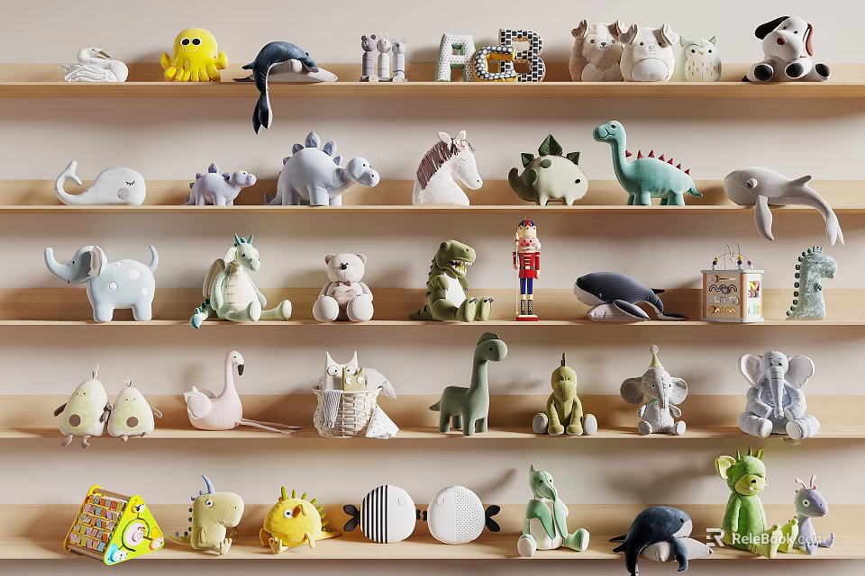 Cute Stuffed Animal Toys Displayed On Wooden Shelves With Various Animal Shapes And Sizes 3d model 