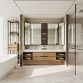Modern Bathroom Design With Bathtub Double Vanity Large Mirror Glass Shower And Marble Surfaces
