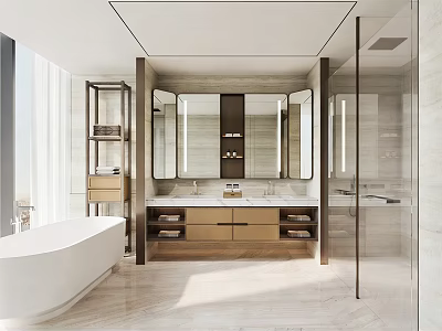 Modern Bathroom Design With Bathtub Double Vanity Large Mirror Glass Shower And Marble Surfaces 3d model