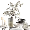 Stylish Decorative Ornament Combination With White Flower Branches Glass Vase And Sculptural Decor
